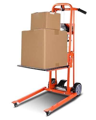 VEVOR Material Lift Winch Stacker, 330lbs Capacity Pallet Truck Dolly, 42.9in Max Lifting Height Manual Winch Stacker, Multifunctional Manual Pallet Truck Stacker with Swivel Casters and Lift Plate