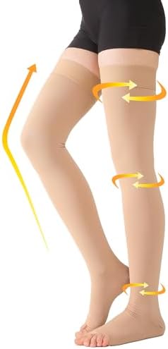 MGANG Medical Thigh High Compression Stockings for Men & Women, Pair, Open Toe, 20-30 mmHg Graduated Compression Support Hose, Opaque, Best for Varicose Veins, Edema, Flight, DVT, Swelling, Beige M