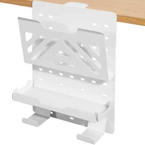 MAXECHO Desk Side Storage Holder, Metal Pegboard, Above or Under Desk Laptop Mount, Table Side Hanging File Organizer, Clamp On Cable Management Tray, Peg Board for Gaming, Office