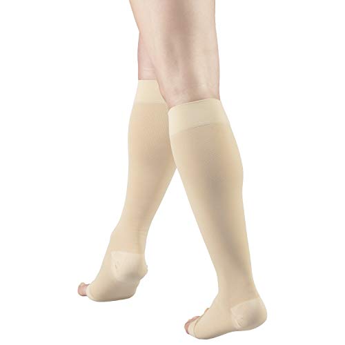 Truform 20-30 mmHg Medical Compression Stockings, Smooth Stretch Microfiber, Knee High, Open Toe, Beige, Medium
