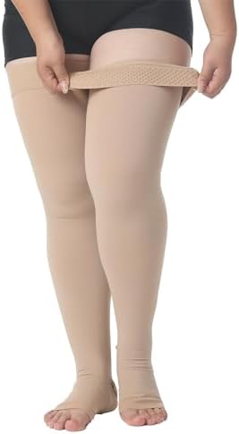 MGANG Medical Thigh High Compression Stockings for Men & Women, Pair, Open Toe, 15-20 mmHg Graduated Compression Support Hose, Opaque, Best for Varicose Veins, Edema, Flight, DVT, Swelling, Beige 5XL