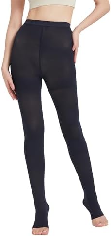 MGANG Medical Compression Pantyhose for Women & Men, 15-20mmHg Graduated Compression Support Tights, Open Toe, Opaque Waist High Compression Stockings for Edema, Varicose Veins, Flight, Navy Blue L