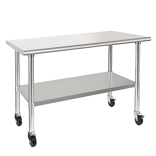 HARDURA Stainless Steel Table with Wheels 24 x 48 Inches Casters NSF Heavy Duty Commercial Work & Prep Table with Undershelf and Galvanized Legs for Restaurant Kitchen Bar and Hotel Garage