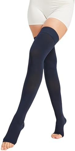 MGANG Medical Thigh High Compression Stockings for Men & Women, Pair, Open Toe, 15-20 mmHg Graduated Compression Support Hose, Opaque, Best for Varicose Veins, Edema, Flight, Swelling, Navy Blue 2XL