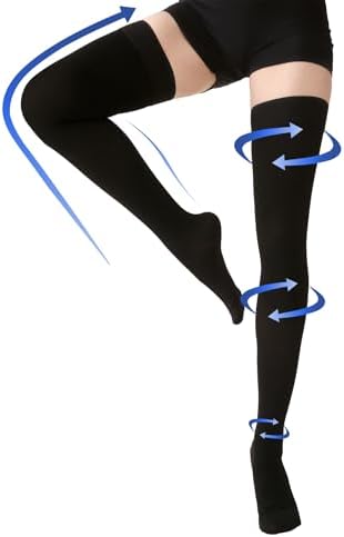 Thigh High Compression Stockings Closed Toe for Men & Women, Opaque, KEKING 15-20mmHg Graduated Compression Leg Support Hose with Silicone Band - Swelling, Varicose Veins, Edema, DVT, Black X-Large
