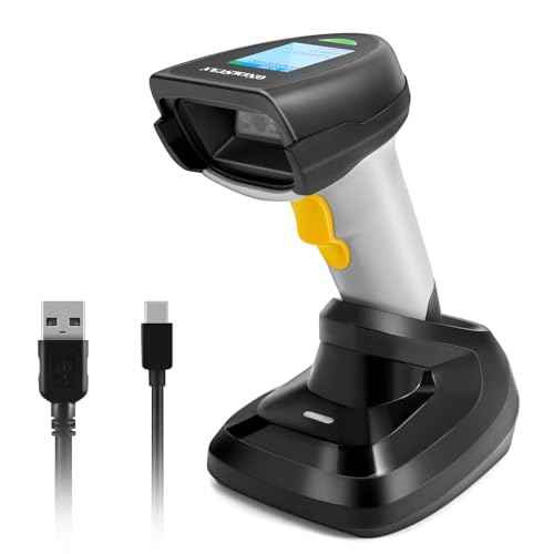 Barcode Scanner Wireless, ONEWSCAN 1D Barcode Reader with Smart Charging Base Stand 2.4G Wireless & USB Wired Connection Plug and Play Handheld Bar Code Scanners with Screen