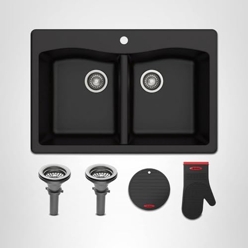 KRAUS Forteza 33-inch Drop in/Undermount 50/50 Double Bowl Granite Kitchen Sink in Black, KGD-52BLACK