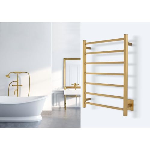 Heated Towel Rack – Brushed Gold Wall Mounted Towel Warmer for Luxurious Bathroom Spa-Like Comfort, 7-Bars, 75 Watts Electric Hardwired UL Certified Safe, WarmlyYours Tahoe