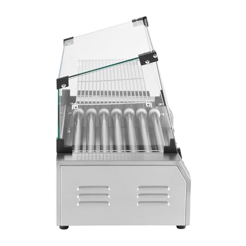 VEVOR Hot Dog Roller, 18 Hot Dog 7 Rollers, Stainless Steel Sausage Grill Cooker, 1050W Commercial Hot Dog Machine with Dual Temp Control, Cover, Side Storage Box, Removable Shelf & Oil Drip Tray