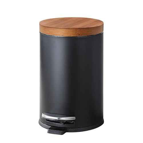 SunnyPoint Elite Bamboo Lid 4.5 Liter / 1.2 Gallon Round Trash Can with Plastic Inner Bucket; Bathroom, Office, Kitchen and Bedroom Step On and Slow Close (Black)