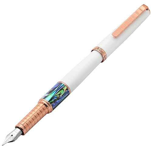 Xezo Speed Master Fountain Pen, Medium Nib. Matte White Color with P?ua Abalone Sea Shell. Rose Gold Plated. Lightweight Brass Body. No Two Alike. Etched With a Serial Number
