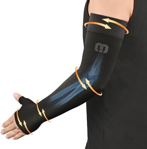MGANG Lymphedema Compression Arm Sleeve with Gauntlet for Women Men, Opaque, 15-20 mmHg Medical Graduated Compression Full Arm Support, Thumb Lymph Edema Arm Sleeve, Pain Relief, Arthritis, Black S