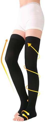TOFLY® Thigh High Compression Socks for Women & Men (Pair), Open Toe, Opaque, Firm Support 30-40mmHg Graduated Compression Hose, Medical Compression Stockings for Varicose Veins, Edema, DVT, Black 4XL