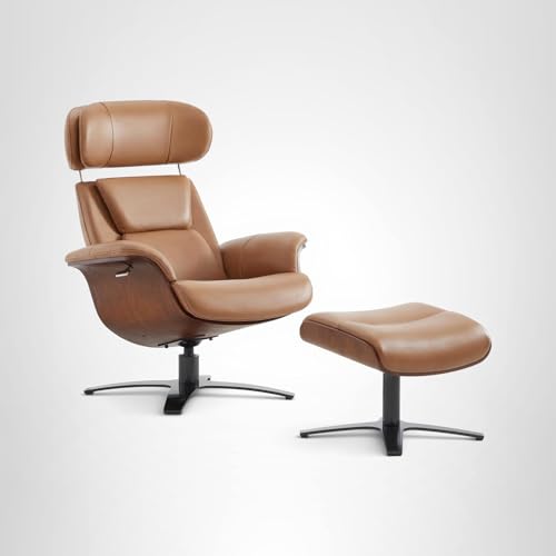 CHITA Genuine Leather Reclining Swivel Chair with Adjustable Headrest and Ottoman for Living Room, Saddle