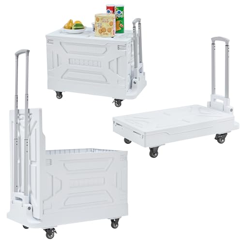 VECELO 23 GAL Modern Rolling Carts with Wheels, Foldable Utility Cart, Light Weight Platform Trucks Dolly, 4 Heavy Duty Wheels, Ideal for Shopping, Camping, Teachers, Pearl White