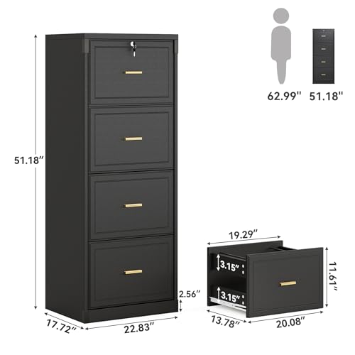 LITTLE TREE 4-Drawer File Cabinet with Lock, Large Vertical Storage Cabinet, Secure Space-Saver for Home Office, Compatible with A4/F4/Letter/Legal Size Files, Filing Cabinets for Home Office, Black