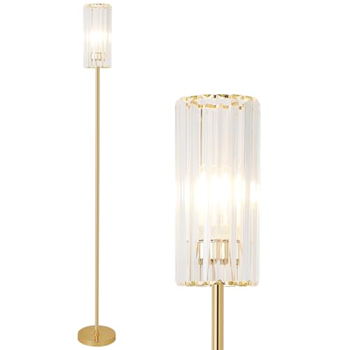 HMVPL Gold Floor Lamp for Living Room, Brass Pole Standing Lamp with K9 Crystal Shade, Modern Corner Standing Lamp for Bedroom with On/Off Switch, Elegant Crystal Tall Lamp for Office Kids Girls Room