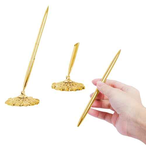 2 Pcs Gold Hollow Round Pen Holder Metal Pen Stand Holder Set Signing Pen Set Signing Desk Ballpoint Pens for Guest Book Wedding Birthday Party Graduation Teacher Office Business