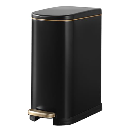 Bathroom Trash Can with Soft-Close Lid 3.5 Gallon Stainless Steel Garbage Can with Removable Inner Bucket Slim Trash Bins for Bedroom, Office (Matte Black)