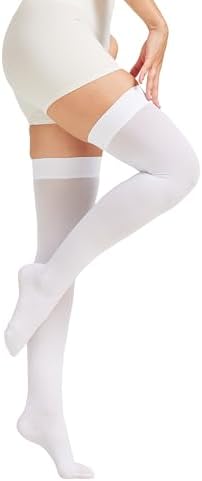 MGANG Medical 15-20 mmHg Compression Stockings for Women & Men, Pair, Thigh High Graduated Compression Socks, Closed Toe, Opaque, Support for Varicose Veins, Edema, DVT, Swelling, Flight, White XL