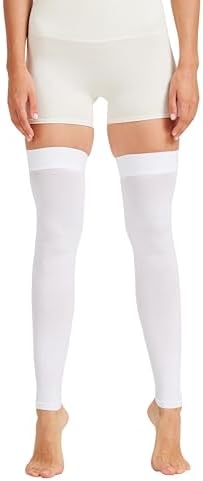 MGANG 15-20 mmHg Compression Stockings for Women & Men, Thigh High Medical Footless Graduated Compression Sleeves with Silicone Dot Band, for Varicose Veins, Edema, Travel, Flight, Pregnant, White L