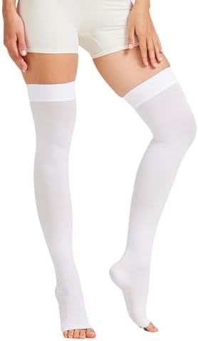 MGANG Medical Thigh High Compression Stockings for Men & Women, Pair, Open Toe, 15-20 mmHg Graduated Compression Support Hose, Opaque, Best for Varicose Veins, Edema, Flight, DVT, Swelling, White S