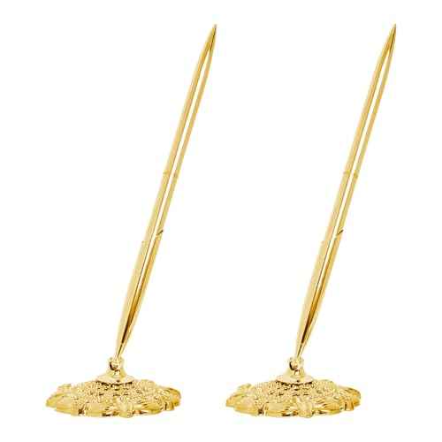 2 Pcs Gold Hollow Round Pen Holder Metal Pen Stand Holder Set Signing Pen Set Signing Desk Ballpoint Pens for Guest Book Wedding Birthday Party Graduation Teacher Office Business