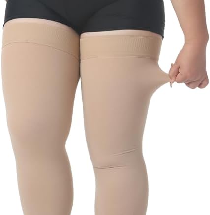 MGANG Medical Thigh High Compression Stockings for Men & Women, Pair, Open Toe, 20-30 mmHg Graduated Compression Support Hose, Opaque, Best for Varicose Veins, Edema, Flight, DVT, Swelling, Beige 5XL