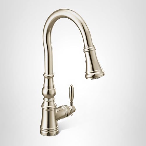 Moen Weymouth Polished Nickel Pulldown Kitchen Faucet Featuring Power Boost, Traditional Shepherd's Hook Kitchen Faucet, One-Handle Easy Installation, S73004NL