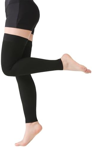 MGANG 15-20 mmHg Compression Stockings for Women & Men, Thigh High Medical Footless Graduated Compression Sleeves with Silicone Dot Band, for Varicose Veins, Edema, Travel, Flight, Pregnant, Black S