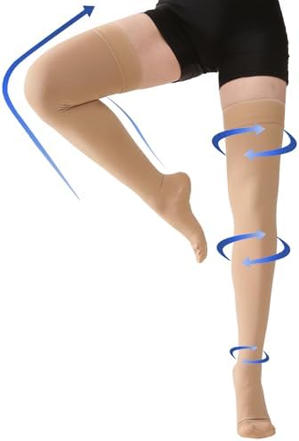 Thigh High Compression Stockings Closed Toe for Men & Women, Opaque, KEKING 15-20mmHg Graduated Compression Leg Support Hose with Silicone Band - Swelling, Varicose Veins, Edema, DVT, Beige Large