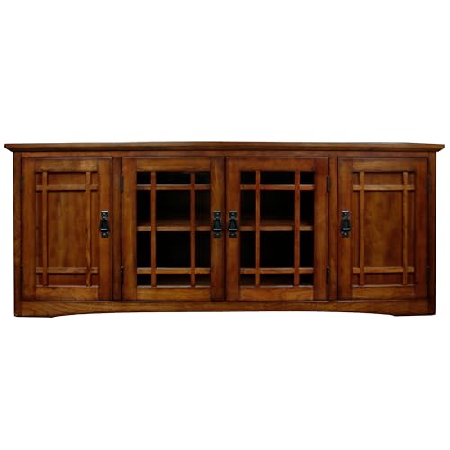 Leick Home 82360 Solid Wood Mission Oak Four Door TV Stand For 65" TVs Universal TV Console Living Room Storage Shelves Entertainment Center, Mission Oak