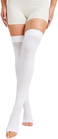 MGANG Medical Thigh High Compression Stockings for Men & Women, Pair, Open Toe, 15-20 mmHg Graduated Compression Support Hose, Opaque, Best for Varicose Veins, Edema, Flight, DVT, Swelling, White 4XL