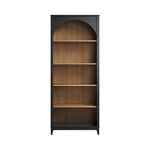 Prepac Ark 78" Tall 5-Tier Arched Bookcase, Black Oak with Oak Finish Interior, Modern Storage Accent Bookshelf with 3 Adjustable Shelves for Home, Office, Living Room, Bedroom