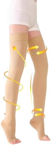 TOFLYÂ® Thigh High Compression Stockings for Women & Men (Pair), Open Toe, Opaque 20-30 mmHg Graduated Compression Hose, Medical Compression Stockings for Varicose Veins, Edema, DVT, Travel,Beige 4XL