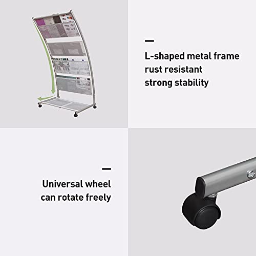 Brochure Display Stand, Floor-Standing Magazine Rack with 4 Pockets, Information Rack With casters Easy to Move for Trade Show Exhibitions Office Retail Store 44.1" H
