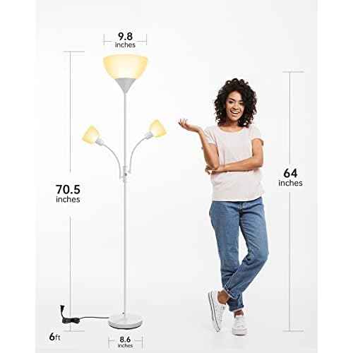 Floor Lamp, Torchiere Floor Lamps for Living Room, 71 Inch Tall Standing Lamp, Bedroom Lamps with Gooseneck Light, Rotary Switch, 3 Plastic Lampshade, Torch Floor lamps for Bedroom (White, No Bulb)