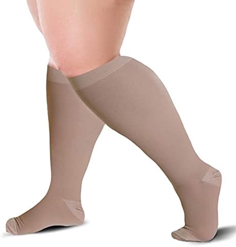 Knee High Compression Sock 20 To 30 mmHg for Women & Men For Wide Calf Travel, Nurse, Running, Cycling, Athletic & Maternity , 5X-Large Beige