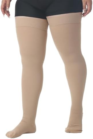 MGANG Medical 20-30 mmHg Compression Stockings for Women & Men, Pair, Thigh High Graduated Compression Socks, Closed Toe, Opaque, Support for Varicose Veins, Edema, DVT, Swelling, Flight, Beige 4XL