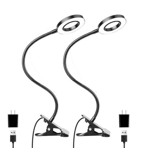 Desk Clip on Lamp for Reading Home Office, with 5V 2A Adapter, 10 Dimmable Brightness 3 Modes, Clamp Reading Light for Bed Headboard, Craft (2packs, Black)Â¡Â¦