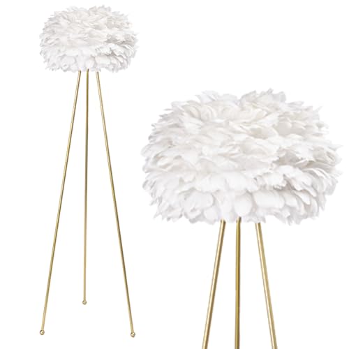 Maxax 60" Feather Floor Lamp, Tripod Floor Lamp with White Feather Shade, Modern Gold Standing Light for Bedrooms/Dining Room/Living Room/Kitchen