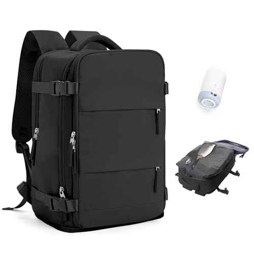 Vacuum Travel Backpack with Pump Women,Personal Item Carry on Backpacks Flight Approved 18x14x8 inches Men,Laptop Waterproof Work Compression bags Casual Daypack Mochila de Viaje Compresion al Black