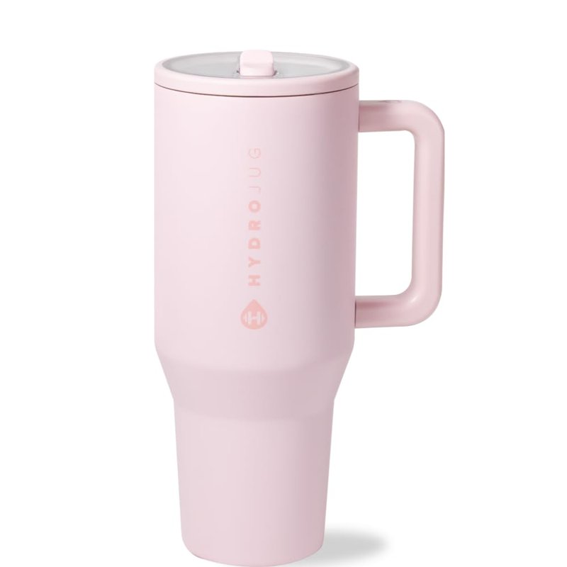 HydroJug Traveler - 32 oz Water Bottle with Handle & Flip Straw - Fits in Cup Holder, Leak Resistant Tumbler-Reusable Insulated Stainless Steel & Rubber Base - Gifts for Women & Men, Pink Sand