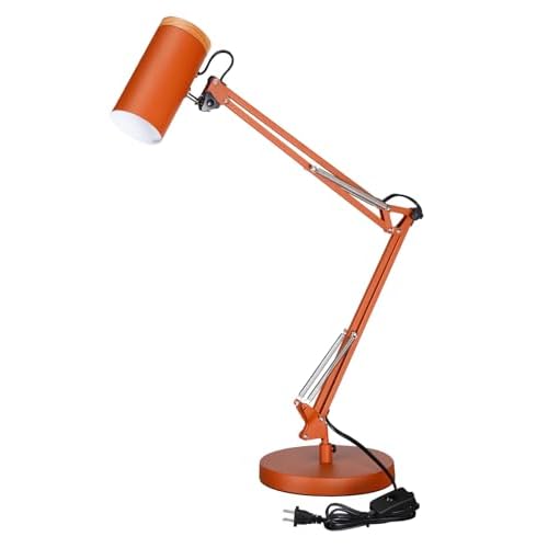 TORCHSTAR Tall Swing Arm Desk Lamp with Wooden Accent, Adjustable Large Size Max Height 29.7", E26 Base Metal Task Lamp, Office Desktop Lamp with On/Off Switch, for Reading, Study, Workbench, Orange