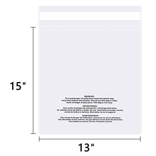 13" x 15" (500 Count) Self Seal Clear Poly Bags with Suffocation Warning for Packaging, Shipping, Clothing, Shirts & FBA - Resealable Adhesive