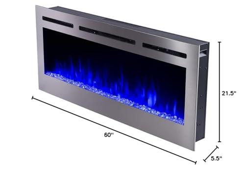 Touchstone Sideline Deluxe -Stainless Steel Smart Electric Fireplace- 60" Wide- Alexa/WiFi-Enabled- in Wall Recessed- 5 Flame Settings- 9 Flame Colors- 1,500W Heater- Log & Crystal Options- 86277
