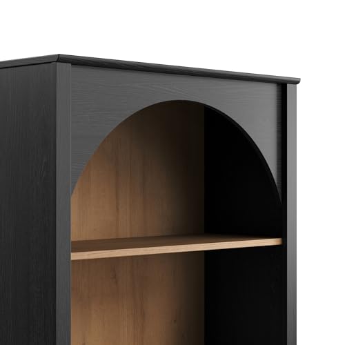 Prepac Ark 78" Tall 5-Tier Arched Bookcase, Black Oak with Oak Finish Interior, Modern Storage Accent Bookshelf with 3 Adjustable Shelves for Home, Office, Living Room, Bedroom