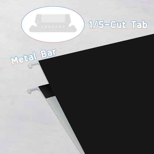 25 Packs Hanging File Folders,Black Letter Size File Folder,Designed for Bulky Files,Filing Cabinet,1/5 Adjustable Tabs for Office,School,Home