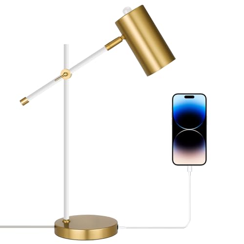 Modern White and Gold Desk Lamp, Minimalist Industrial Table Lamp with Swing Arm, for Study Room Home Office Bedroom Bedside Nightstand