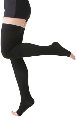 MGANG Medical Thigh High Compression Stockings for Men & Women, Pair, Open Toe, 15-20 mmHg Graduated Compression Support Hose, Opaque, Best for Varicose Veins, Edema, Flight, DVT, Swelling, Black S